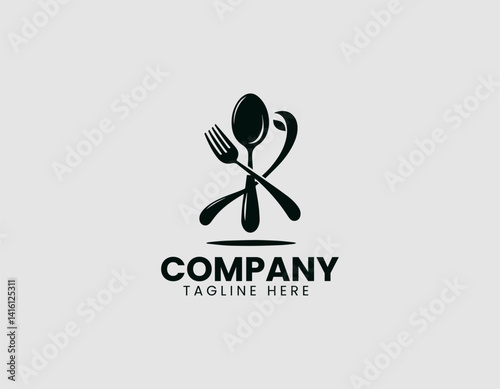 Culinary Emblem: An elegant logo, featuring a crossed fork and spoon, interwoven with a stylized leaf, symbolizes a commitment to quality, creativity, and exceptional dining experiences. 