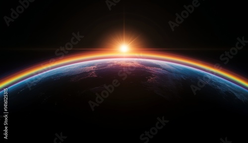 Sunrise over Earth with vibrant rainbow.