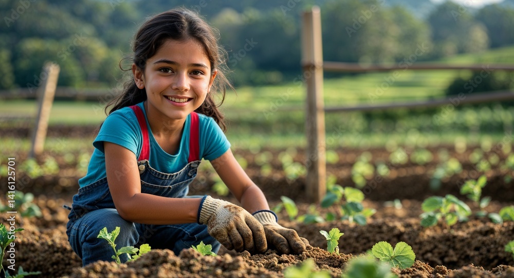 kid latin Hispanic girl portrait farm work country manual job happy concept background with copy space