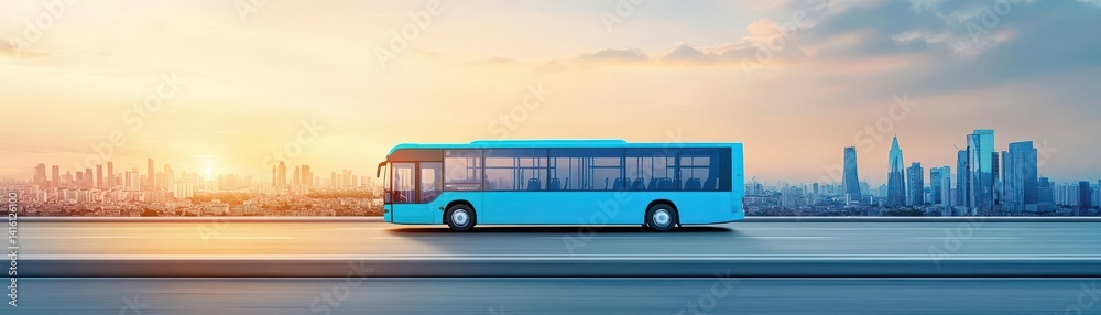 Blue bus moving on the road in city in early morning
