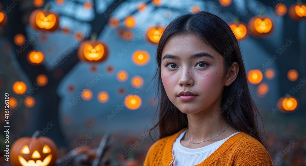 Fototapeta premium teen Asian girl portrait Halloween spooky festive fun concept background with copy space