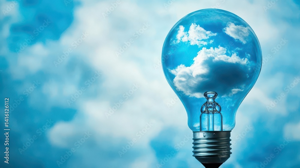 Blue cloudly skyscape inside lightbulb