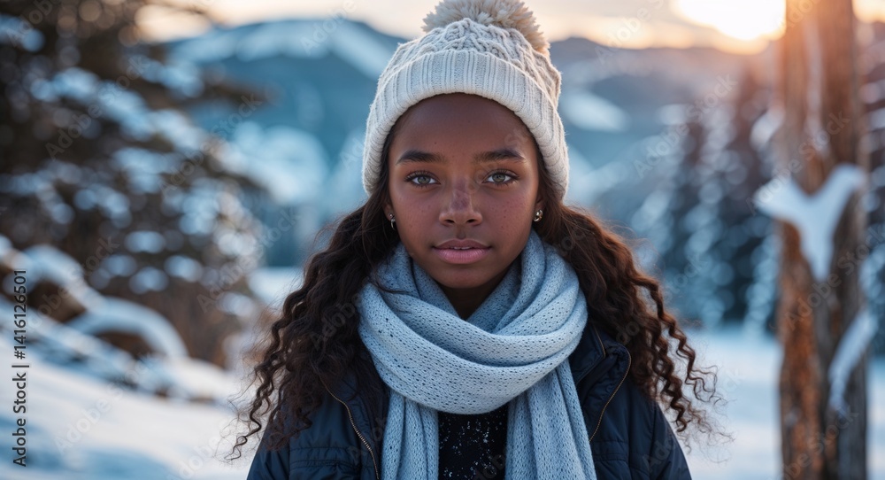 teen black African girl portrait winter vacation nature concept background with copy space