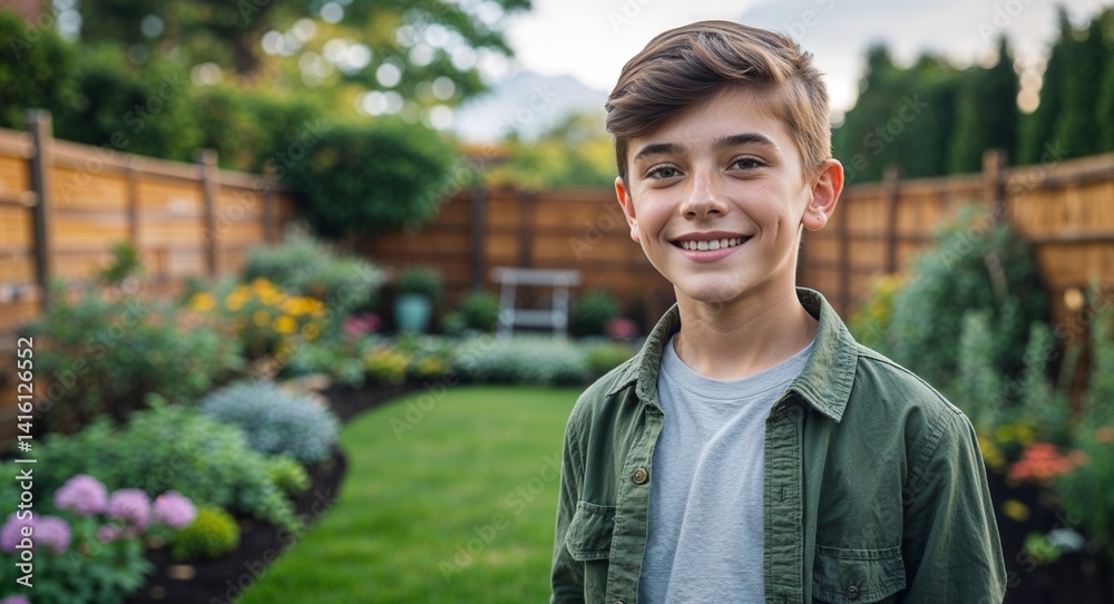 teen Caucasian boy portrait backyard garden landscape happy concept background with copy space