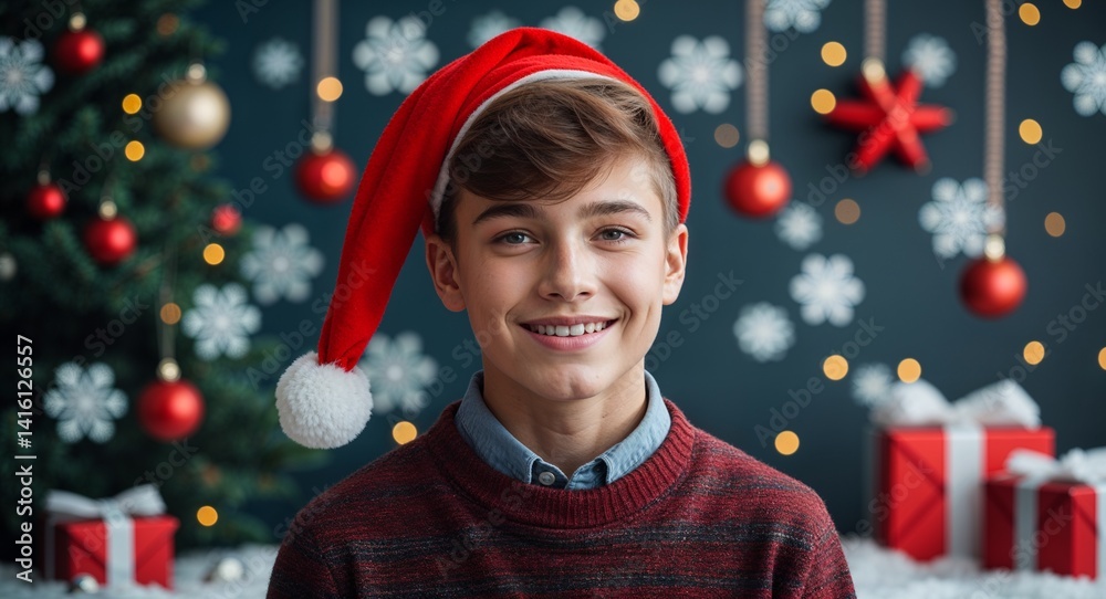 teen Caucasian boy portrait Christmas season holidays happy concept background with copy space