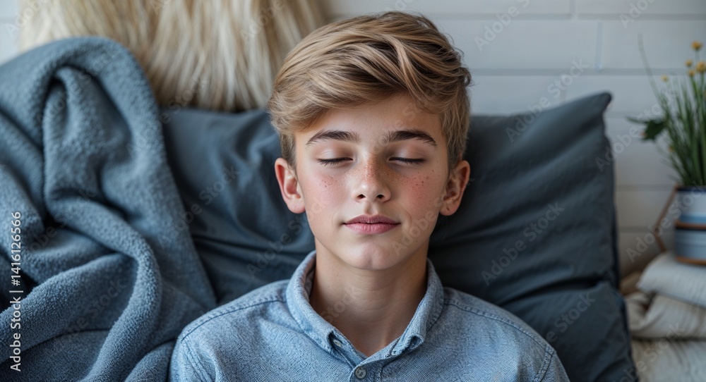 teen Caucasian boy portrait cozy home interior relaxation concept background with copy space