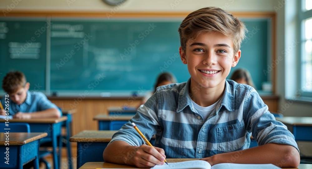teen Caucasian boy portrait classroom study school university happy concept background with copy space