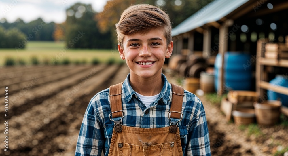 teen Caucasian boy portrait farm work country manual job happy concept background with copy space