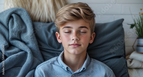 Obraz na płótnie teen Caucasian boy portrait cozy home interior relaxation concept background with copy space w salonie