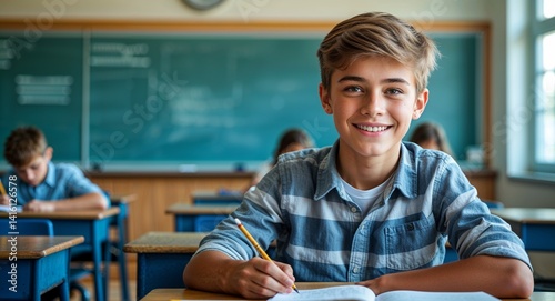 Obraz na płótnie teen Caucasian boy portrait classroom study school university happy concept background with copy space w salonie