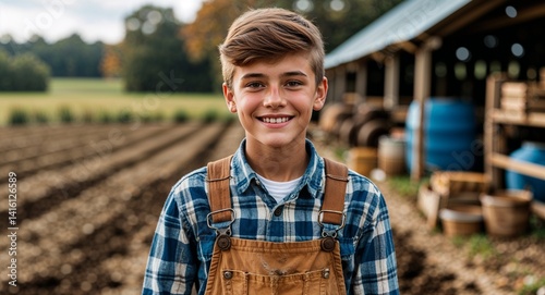 Obraz na płótnie teen Caucasian boy portrait farm work country manual job happy concept background with copy space w salonie