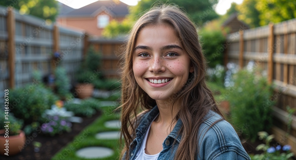 teen Caucasian girl portrait backyard garden landscape happy concept background with copy space