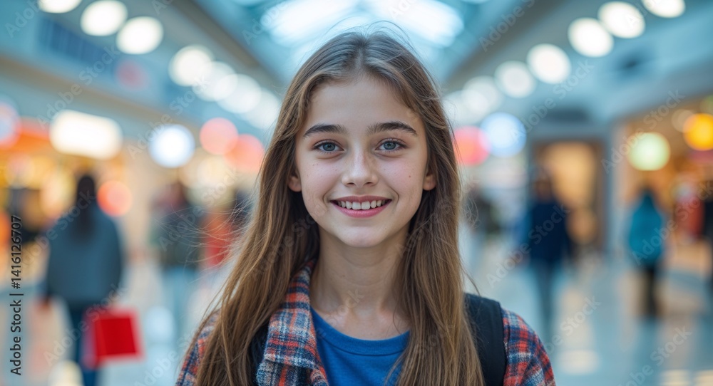 teen Caucasian girl portrait blur shopping mall sale happy concept background with copy space