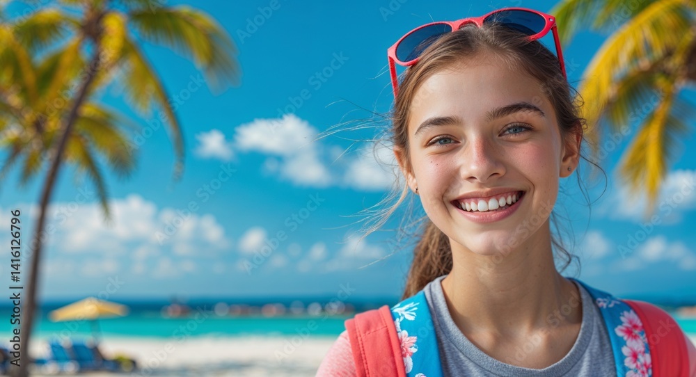 teen Caucasian girl portrait happy summer spring break vacation concept background with copy space
