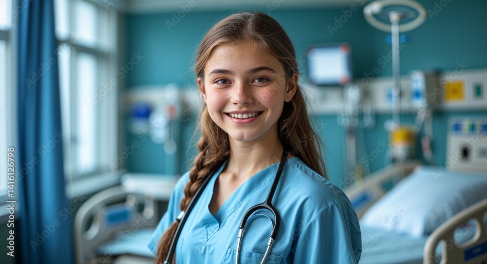teen Caucasian girl portrait health care hospital medical happy concept background with copy space