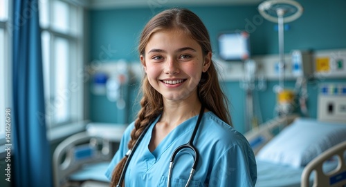 teen Caucasian girl portrait health care hospital medical happy concept background with copy space