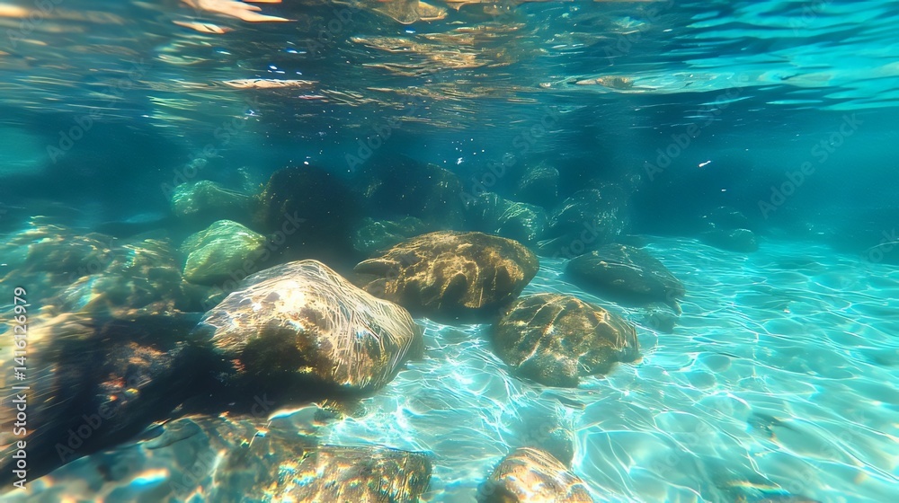 Underwater View of Rocks and Sand with Ripples of Sunlight Underwater View of Rocks and Sand with Ripples of Sunlight