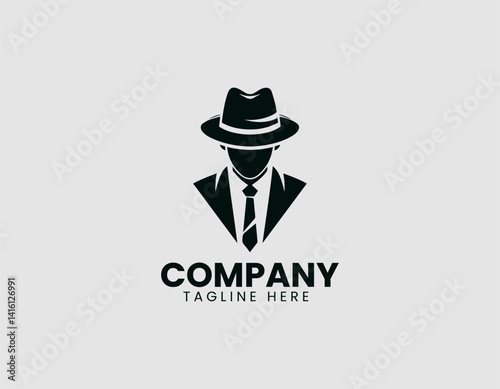 Silhouette of Mystery: An evocative vector logo of a figure in a fedora and suit, exuding an air of intrigue and sophistication, perfect for a business, creating a memorable brand identity.