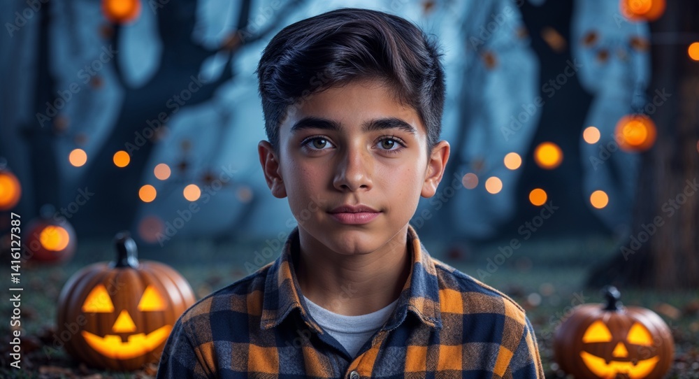 teen latin Hispanic boy portrait Halloween spooky festive fun concept background with copy space