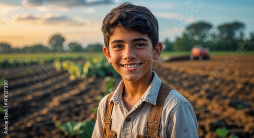 Obraz na płótnie teen latin Hispanic boy portrait farm work country manual job happy concept background with copy space w salonie