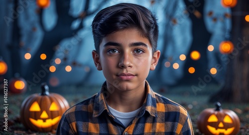 Obraz na płótnie teen latin Hispanic boy portrait Halloween spooky festive fun concept background with copy space w salonie