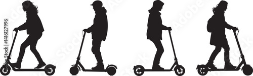 Silhouette People Riding Electric Scooters Vector Illustration