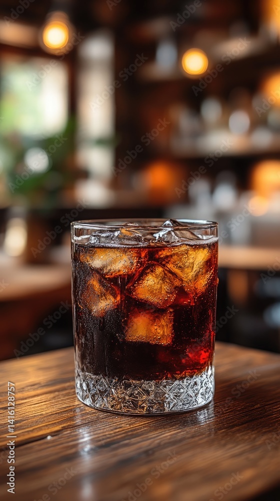Iced drink Refreshing dark beverage with ice cubes on wooden table Iced drink Refreshing dark beverage with ice cubes on wooden table