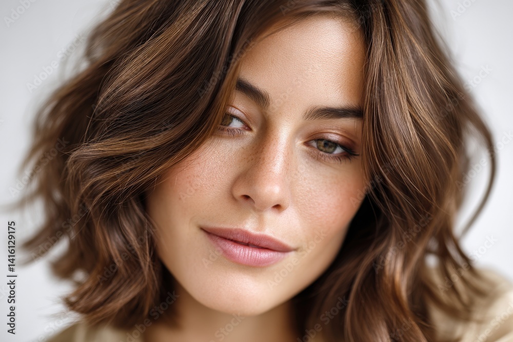Closeup portrait of woman with medium brown wavy hair and glowing skin in soft light expression with centered composition and clear hair texture focus Closeup portrait of woman with medium brown wavy hair and glowing skin in soft light expression with centered composition and clear hair texture focus