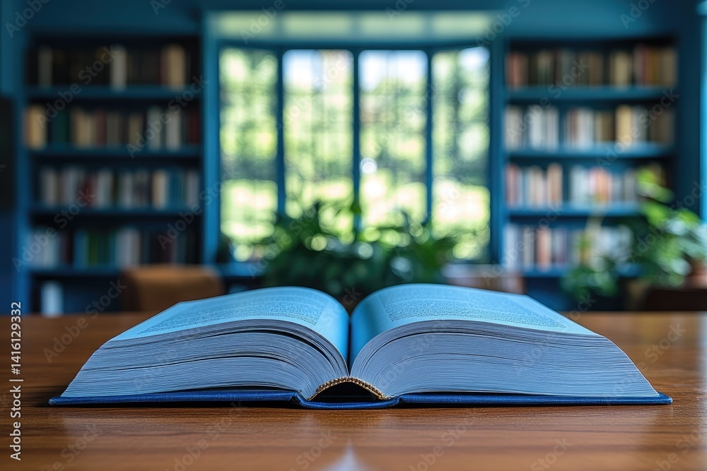 Open book with blue cover sits on a wooden table in front of a bookshelf and window Open book with blue cover sits on a wooden table in front of a bookshelf and window