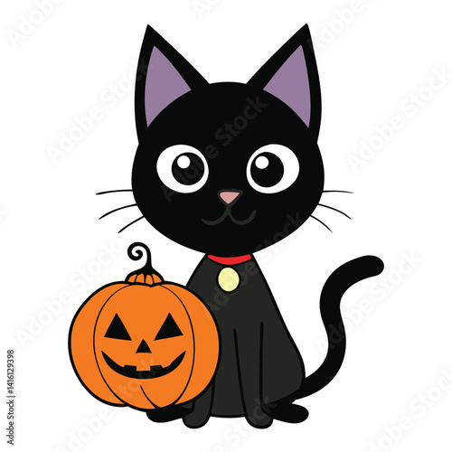 A sleek black cat playfully sits beside a glowing Halloween pumpkin, its eyes gleaming in the moonlight, capturing the spooky charm of a festive, eerie night.