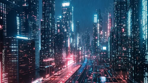 Wallpaper Mural Futuristic cityscape at night with towering skyscrapers, vibrant neon lights, and rain reflections, showcasing urban environment filled with advanced technology and dynamic atmosphere. Torontodigital.ca