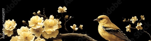 Golden songbird perched among golden blossoms, bathed in gentle luminance