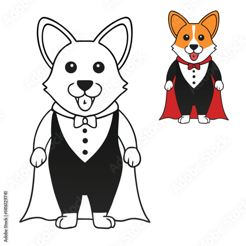 A playful corgi dog dressed in a spooky vampire Halloween costume, complete with a cape and sharp fangs, ready to add some fun and mischief to the spooky season!