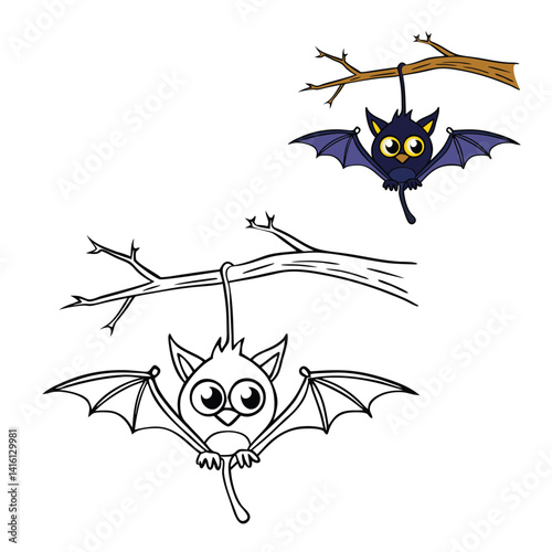 A spooky Halloween bat hangs upside down from a twisted tree branch, silhouetted against the moonlight, adding eerie charm to the haunted night scene.