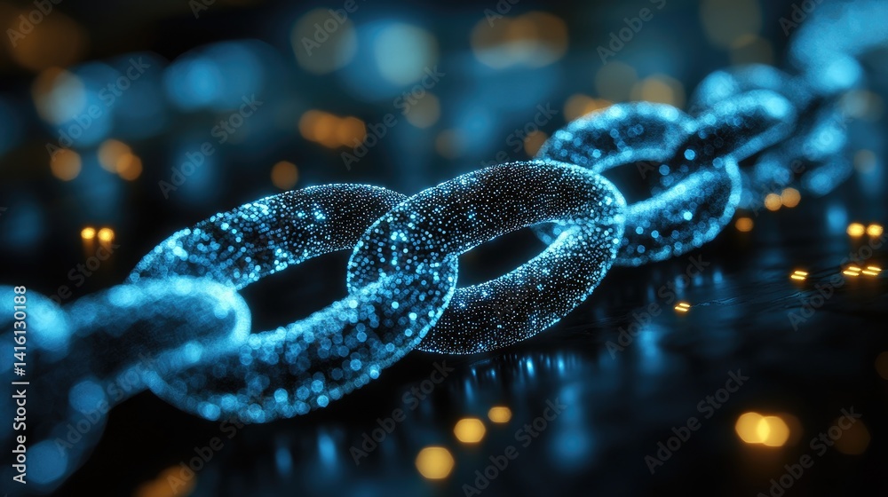 Glowing blue chain links connect against a dark backdrop with sparkling bokeh elements