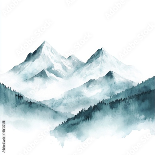 Misty mountain range, watercolor style
