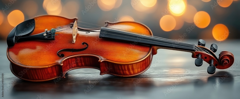Fototapeta premium Beautiful violin resting on surface, stringed instrument glowing with bokeh lights in the background