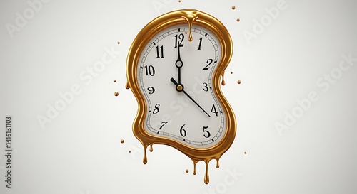 Surrealist style melting clock on white background