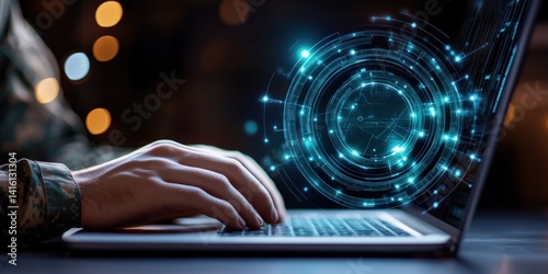 Soldier Using Laptop with Digital Interface Overlay