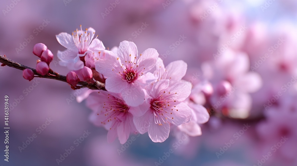 Fototapeta premium Blooming Cherry Blossoms on Branch with Buds in Soft Light