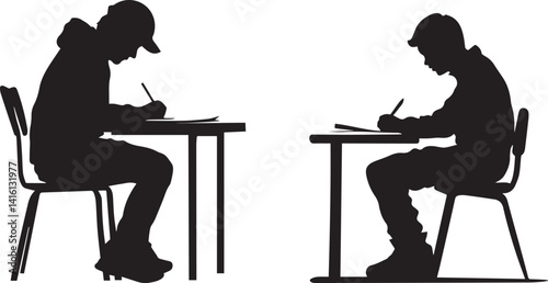 Silhouette Boy Writing at Desk set Vector Illustration
