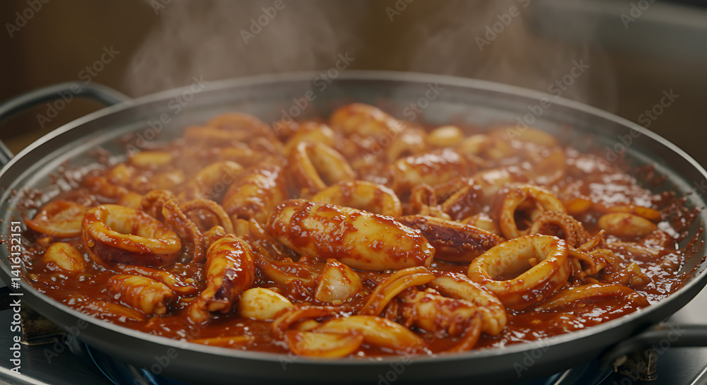 Sizzling spicy stir-fried squid, a flavor journey with garlic and onions in a savory sauce, ideal for a vibrant and tasty meal. Sizzling spicy stir-fried squid, a flavor journey with garlic and onions in a savory sauce, ideal for a vibrant and tasty meal.
