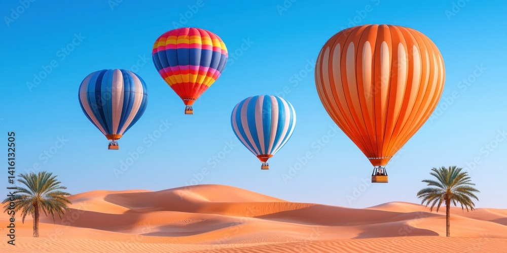 Obraz premium Colorful Hot Air Balloons Soaring Over Desert Sands