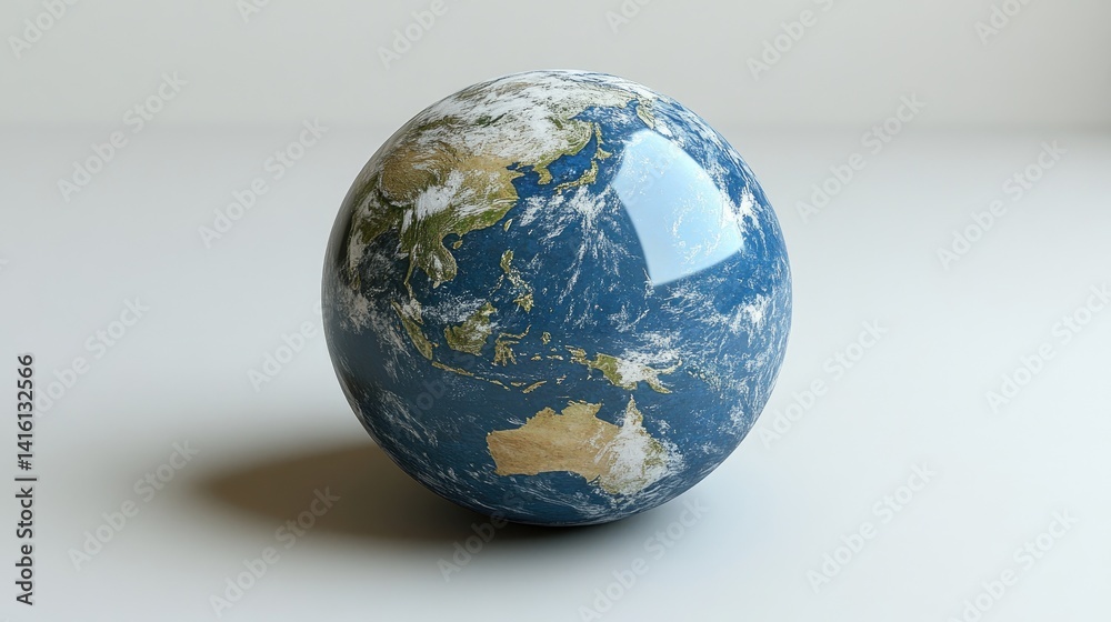 Fototapeta premium Earth-like sphere with continents, oceans, and cloud cover, on a plain surface