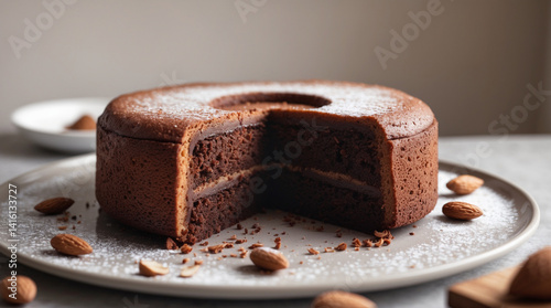 A decadent chocolate almond cake, a delightful treat perfect for a special occasion, delicately dusted with powdered sugar on a grey plate.