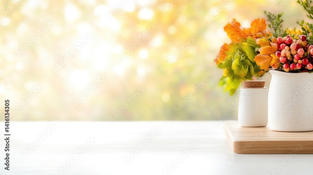Autumnal decor, simple vase arrangement on a wooden tray, soft sunlight Autumnal decor, simple vase arrangement on a wooden tray, soft sunlight