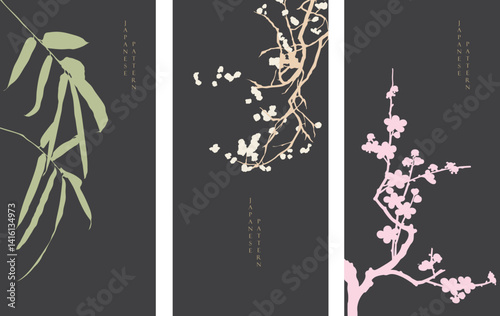 Japanese background with Asian traditional icon vector. Cherry blossom flower and bamboo leaf pattern elements. Geometric pattern in vintage style on.