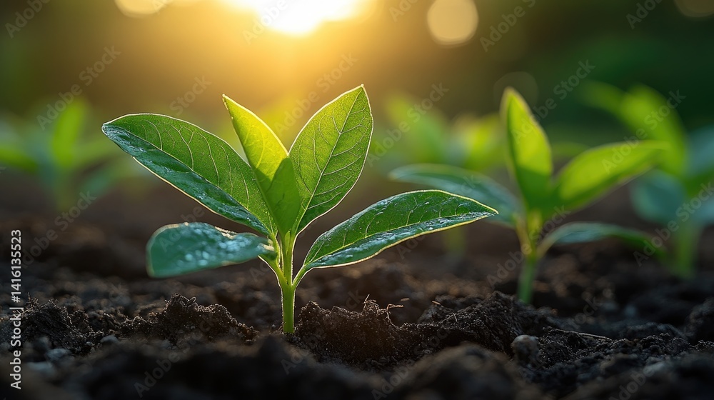 Seedling sprouts in rich soil bathed in soft sunlight. Growth, hopeful, new beginnings Seedling sprouts in rich soil bathed in soft sunlight. Growth, hopeful, new beginnings