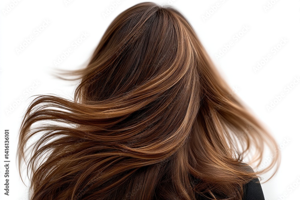 Naklejka premium Wavy brown female hair captured in smooth motion with soft gradient lighting showing natural volume shine and flow in close up beauty focused hairstyle portrait wallpaper