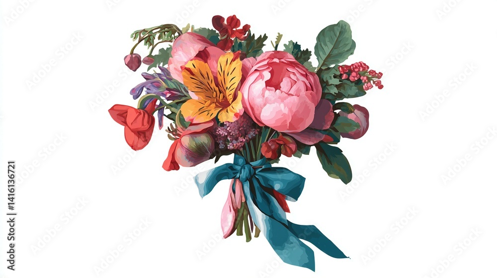 Obraz premium Vibrant floral bouquet with a teal ribbon.